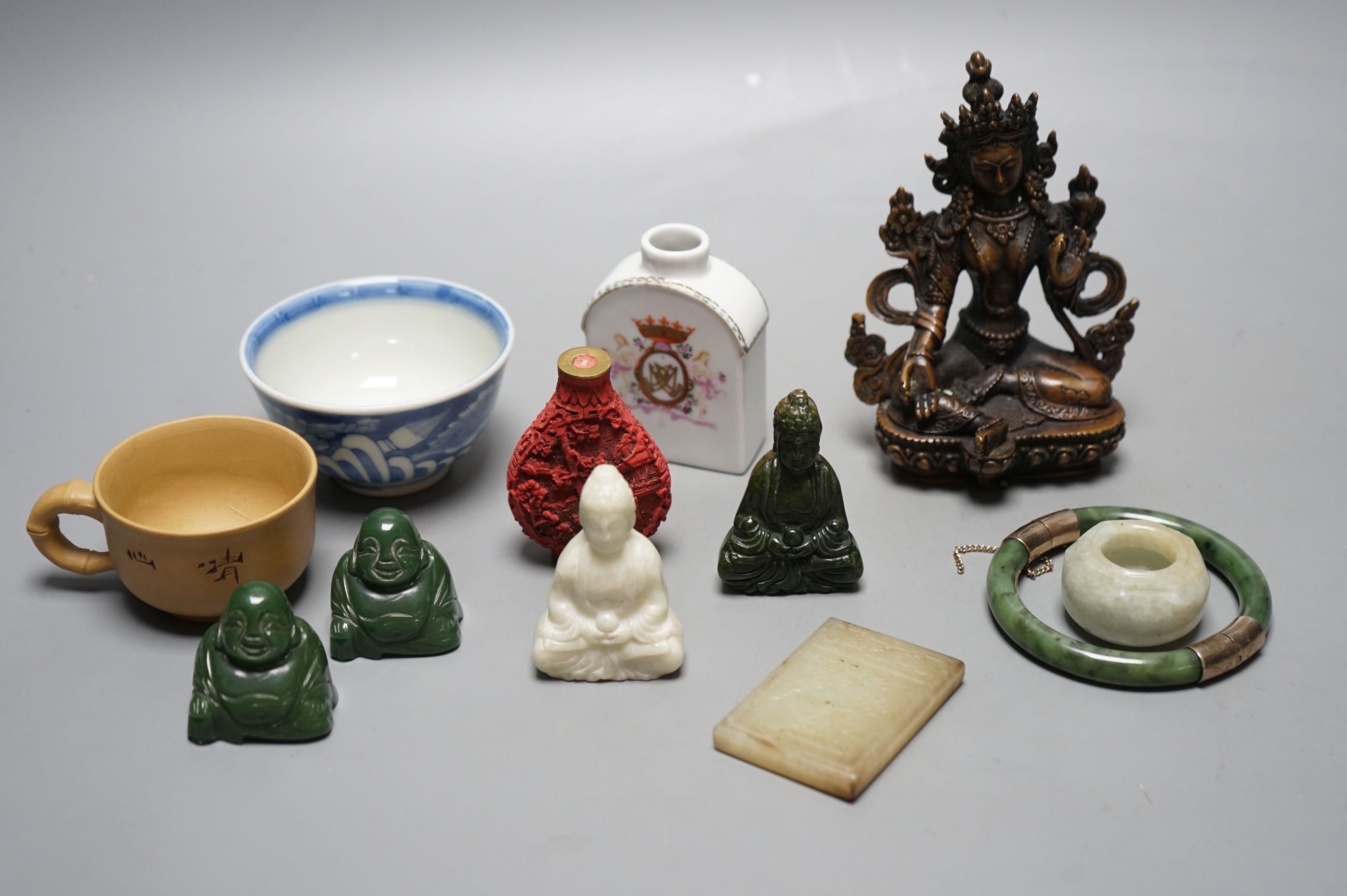Assorted Chinese items including bronze Tibetan buddha, jades etc, Buddha 13 cms wide.